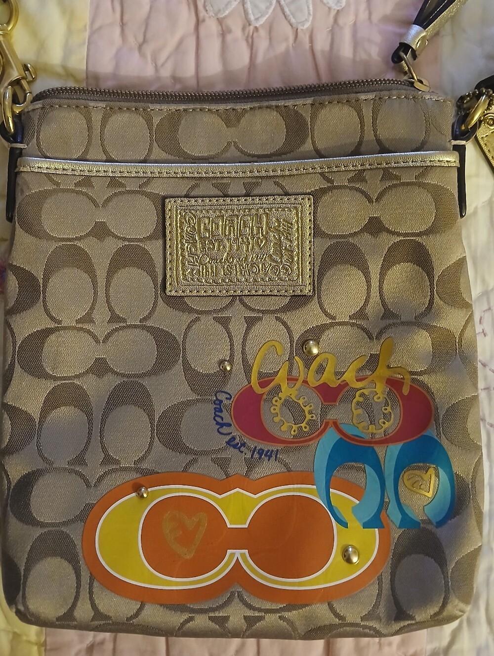 Coach Khaki Canvas Crossbody with Multicolor Graphic Accents